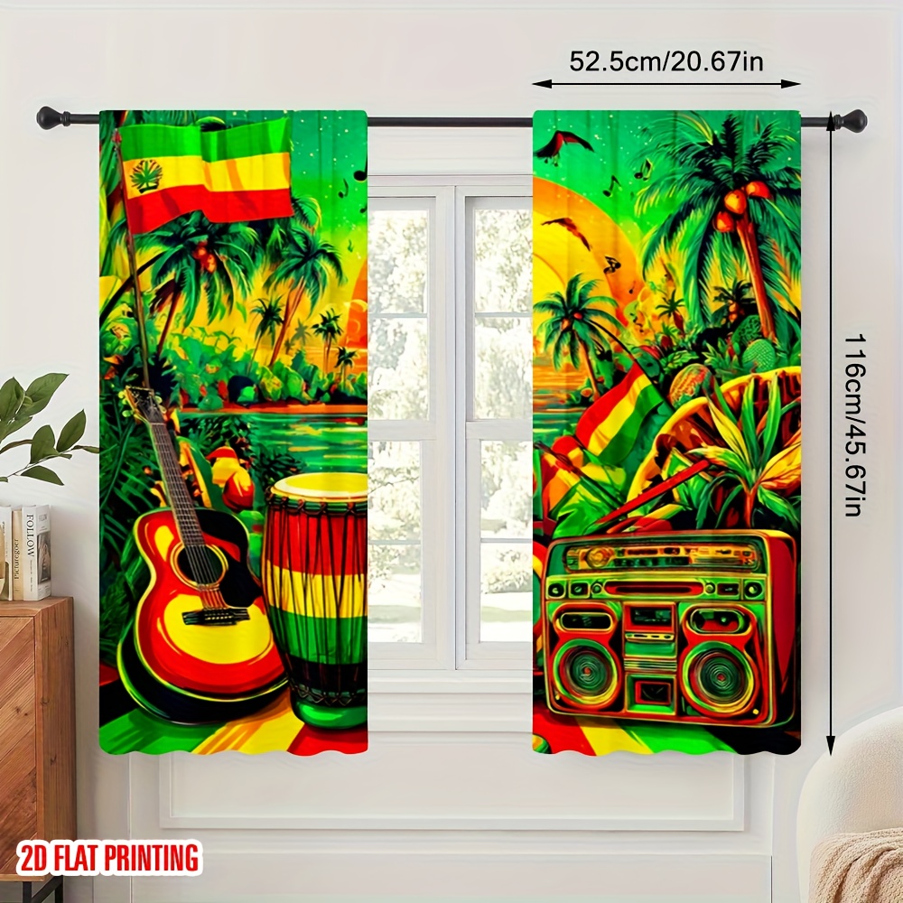 TEMU Rideaux 2D Plats, 2 Pièces, Scène d'Impression 2D, Île , 100% Polyester, Électricité, Décoration Festive pour Fêtes et Décoration Quotidienne,