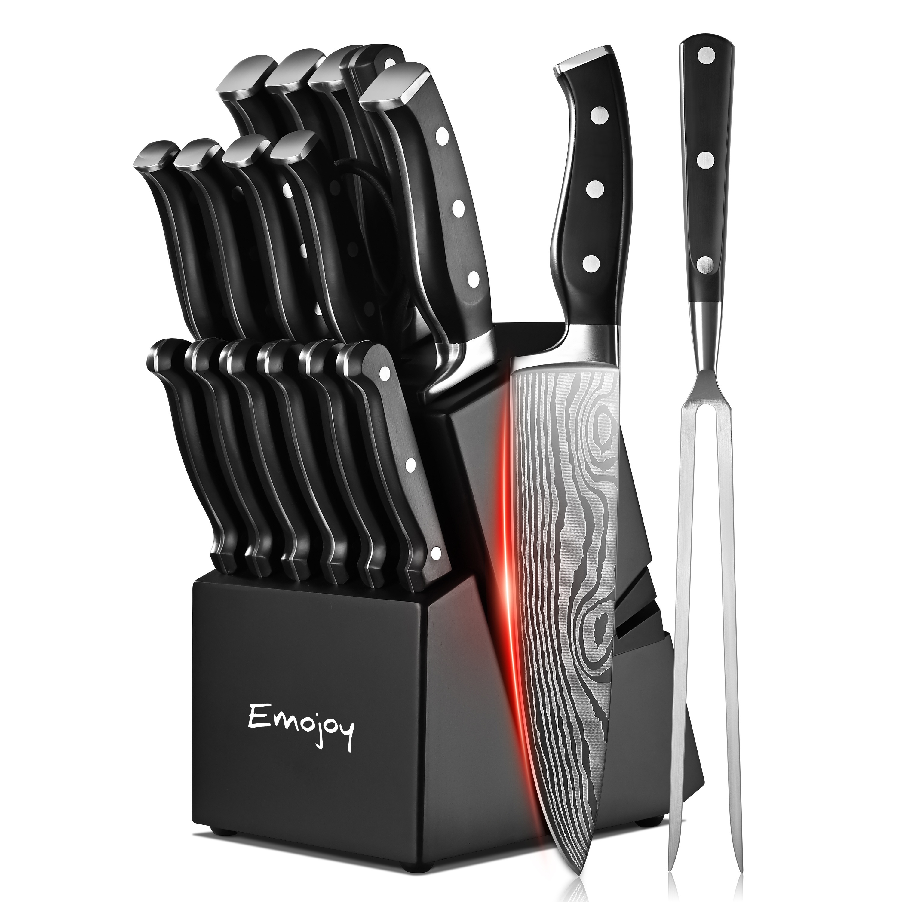 

Knife Set, Emojoy 18-piece For Kitchen With , Stainless Steel Kitchen Knives With Built-in Sharpener, Kitchen Shears And Carving Fork, Black