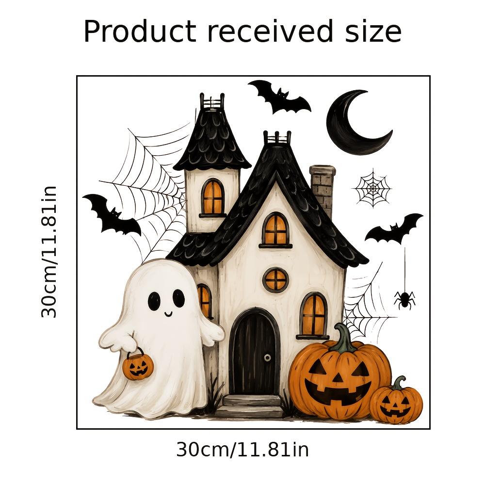 TEMU 2d Flat - 2d Flat Halloween Haunted House Static Window Clings, Static Adsorption Glue-free Residue-free Glass Stickers, Dark Pumpkin Bat Web