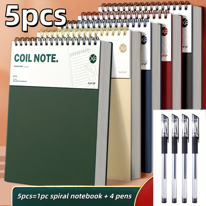 TEMU 5pcs Set, Includes 1 Spiral Notebook + 4 Pens, Colors Random. Notebook And Diary: Vintage A5 Notebook - Single-sided Pages, Hard Cover With