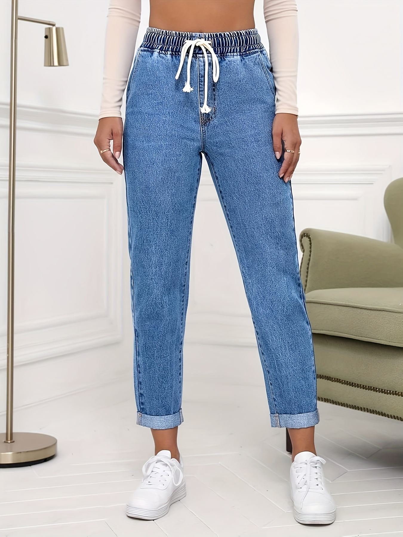 plus size women's stretchy flared jeans drawstring elastic Temu