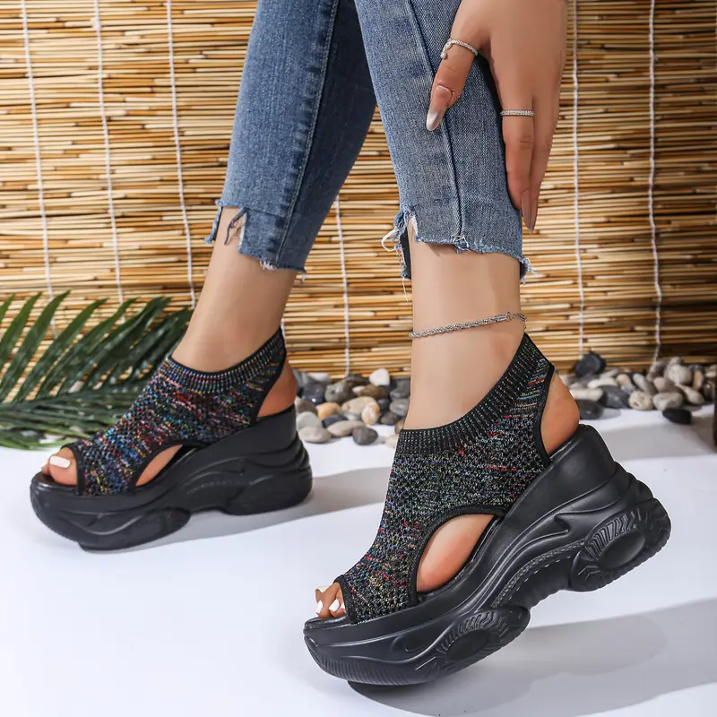 womens lightweight breathable crochet wedge sandals open toe thick sole casual shoes with ankle strap white colorful geometric for casual attire strappy sandals Product details 7