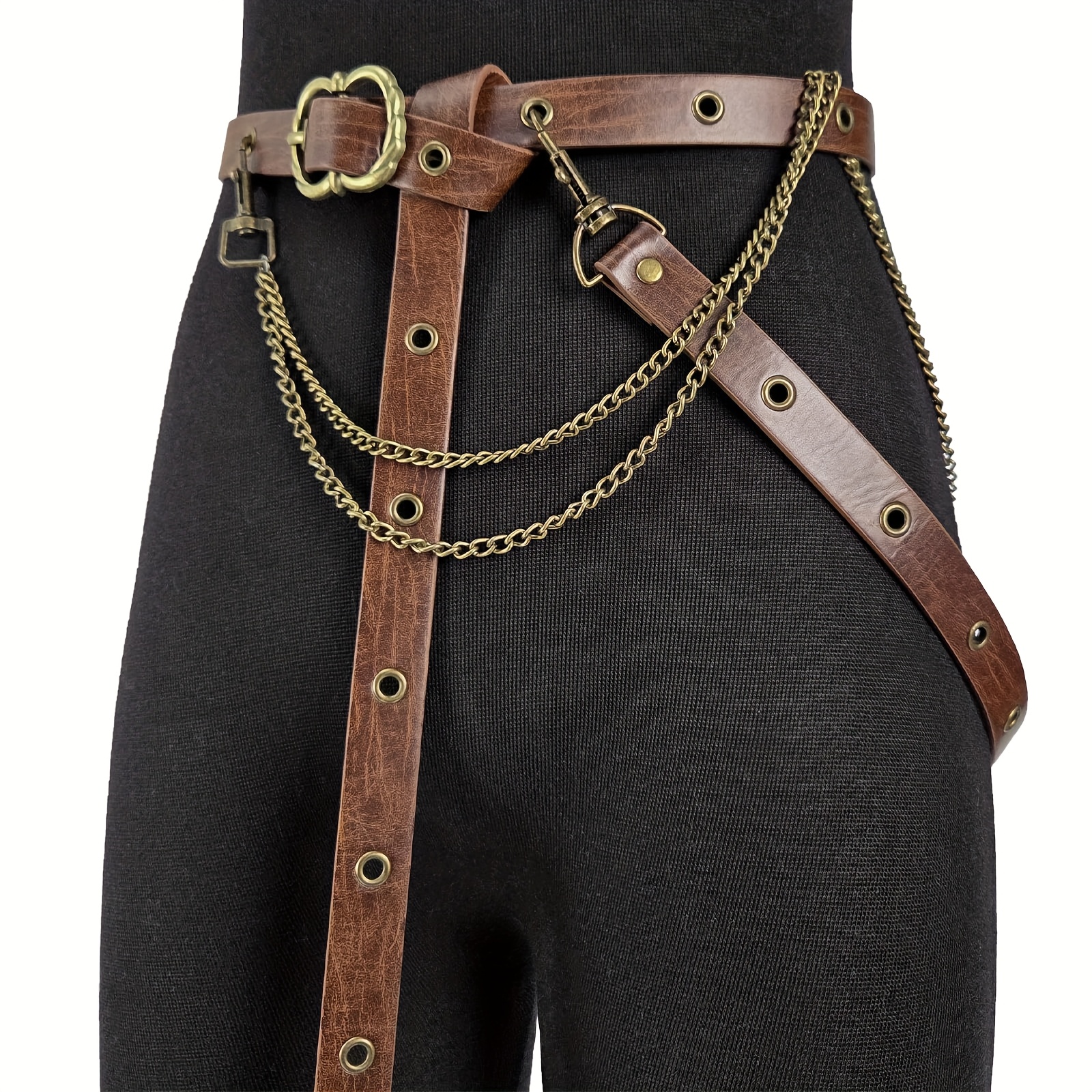 E-shop MEPPSA Damen Mittelalterlicher Kunstleder- & Metallketten-Gürtel – Verstellbarer Vintage Mittelalter-Taillengürtel, Retro Schmaler Gürtel für