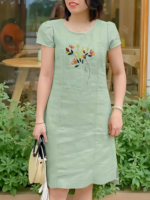 womens vintage floral embroidered short sleeve round neck dress
