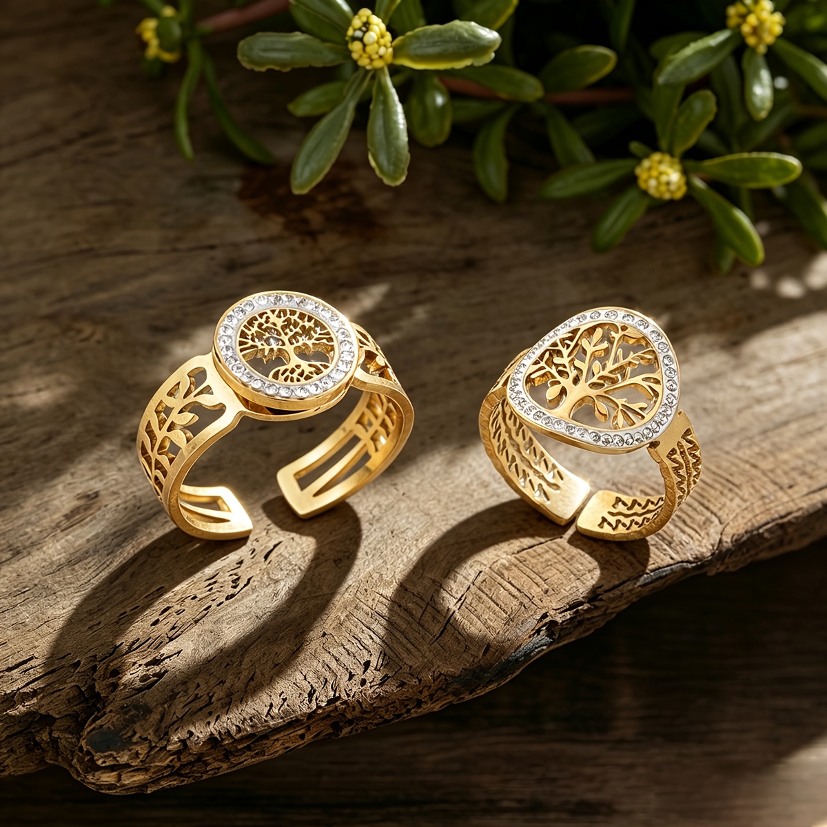 TEMU 2 pezzi/Set Moda 304 Acciaio Inossidabile Albero della Vita Anello Regolabile per Donne Aggiunte Anelli Dorati Anello Cavo Foglia Banda Ovale