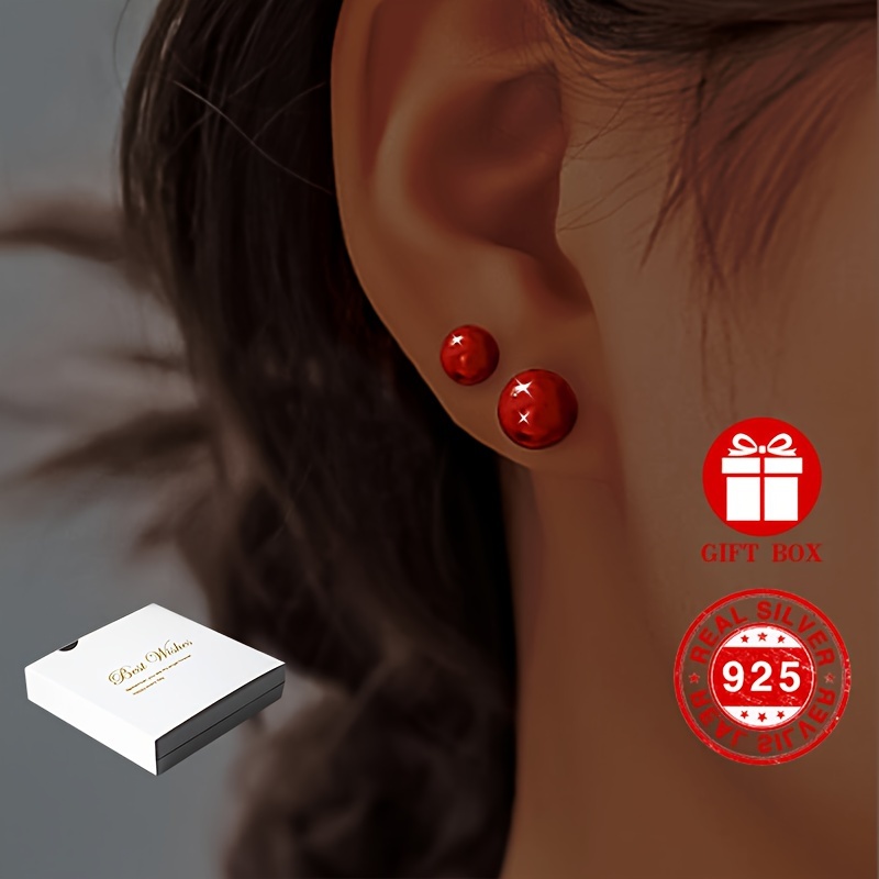 

S925 Sterling Silver Natural Cinnabar Stud Earrings Ear Sticks For Maintaining Ear Hole Delicate And Stylish Small Red Bean Ear Jewelry Decoration Gift Box 6mm 1g/0.04oz 8mm 1.2g/0.04oz