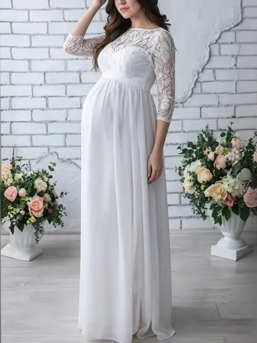 Pregnant Women'* Lace Splice Gown, High-Waist Pleated Chiffon Full-Skirt Gentle Style Maternity Floor-Length Dress Pregnant Women'* Lace Splice Gown, High-Waist Pleated Chiffon Full-Skirt Gentle Style Maternity Floor-Length Dress