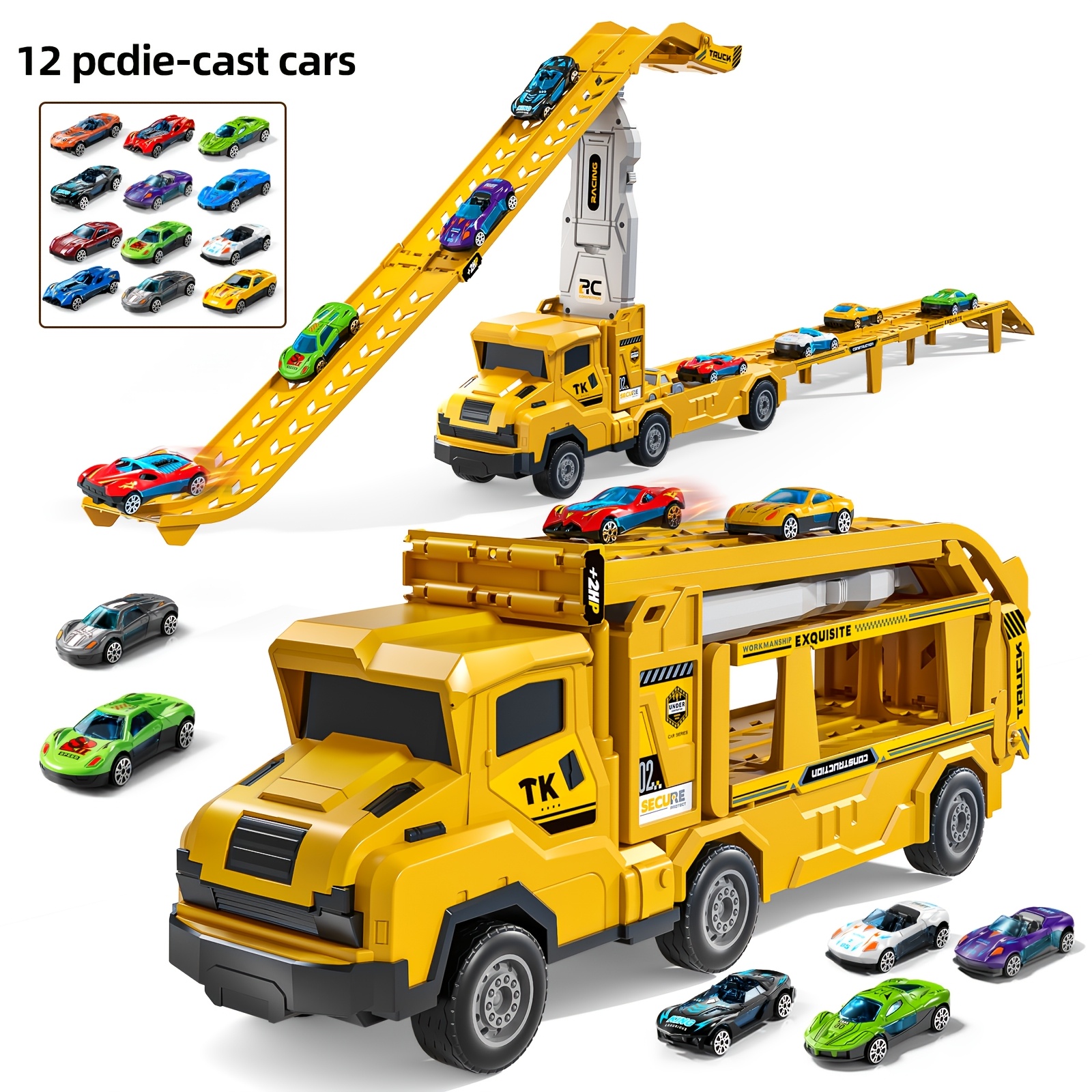 Image of 2-in-1 Foldable Car Transport Box For Trucks, Equipped With Race Track, 12 Cast-iron Cars, With Plastic Structure, For Children Aged 3+, Birthday And Holiday Gift. Accessory Colors Are Random.