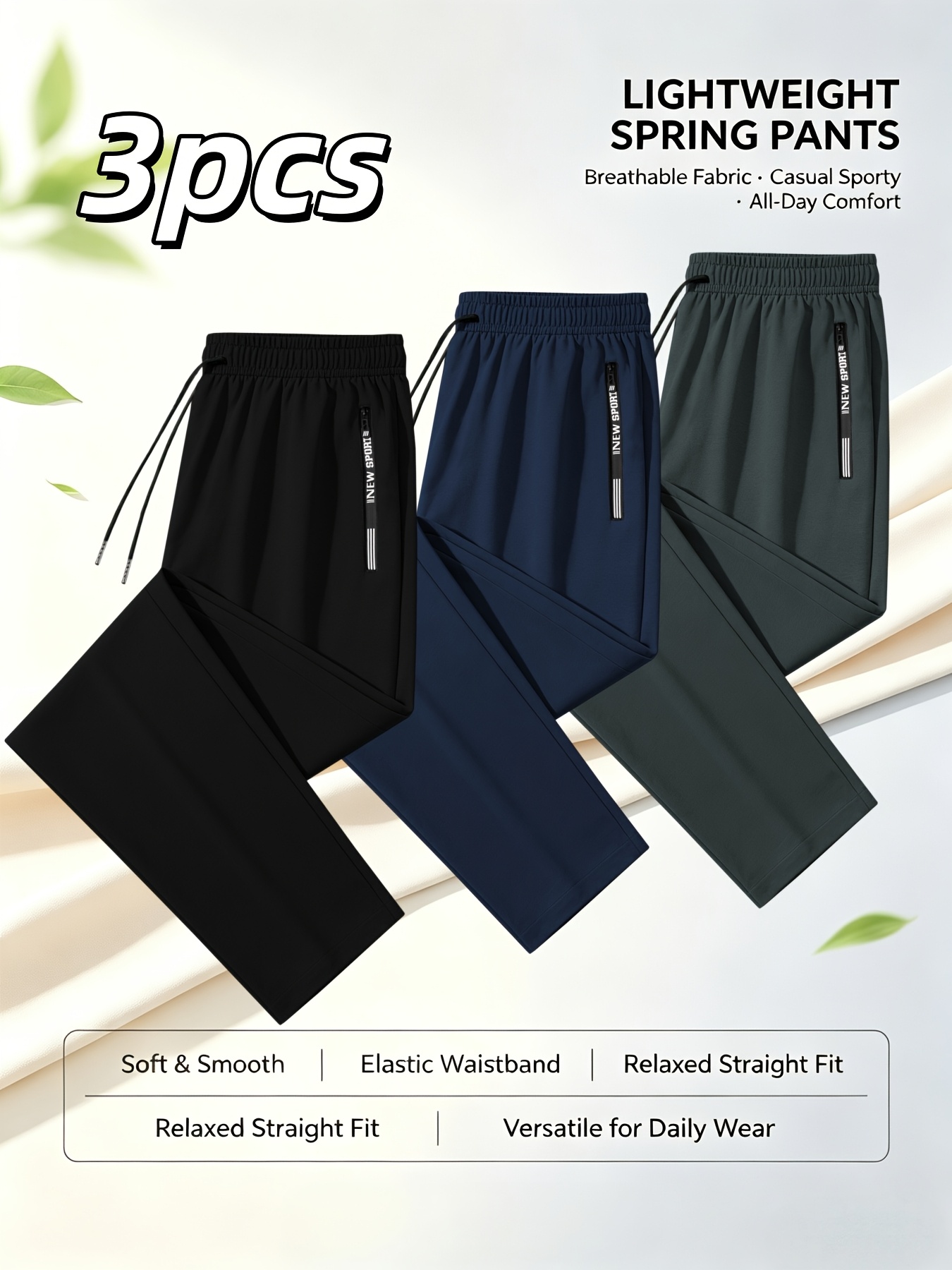imagen del artículo 3 pantalones deportivos casuales de  /otoño para hombre, ideales para correr y hacer fitness, con un diseño  ,    , delgado y transpirable, material agradable al  , cintura elástica con cordón ajustable, bolsillo con cremallera,    ,   para    , citas, caminar, entrenar y correr.