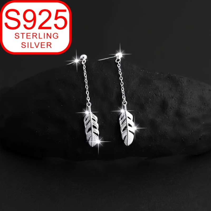 S925 Silver Leaf Tassel Stud Earrings for Women