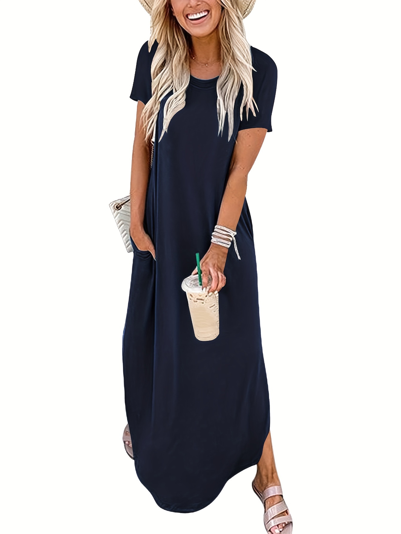 solid color crew neck loose dress versatile curved hem maxi - Temu Austria