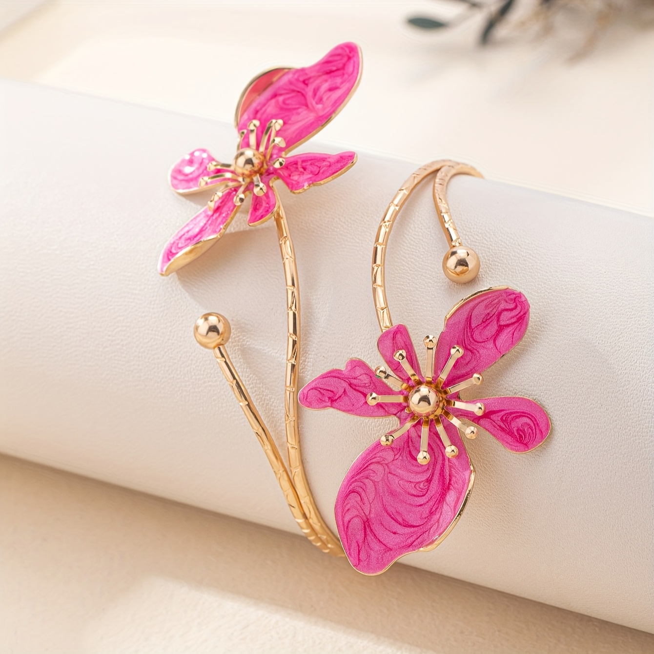 Floral Open Cuff Bracelet Red & Gold Iron Bangle