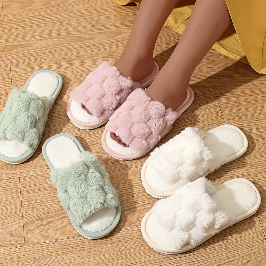 

Luxurious Honeycomb Plush Women's Slippers, Open Toe, Cozy Fluffy Design With Soft Flat Sole, Perfect For Indoor Floor Wear