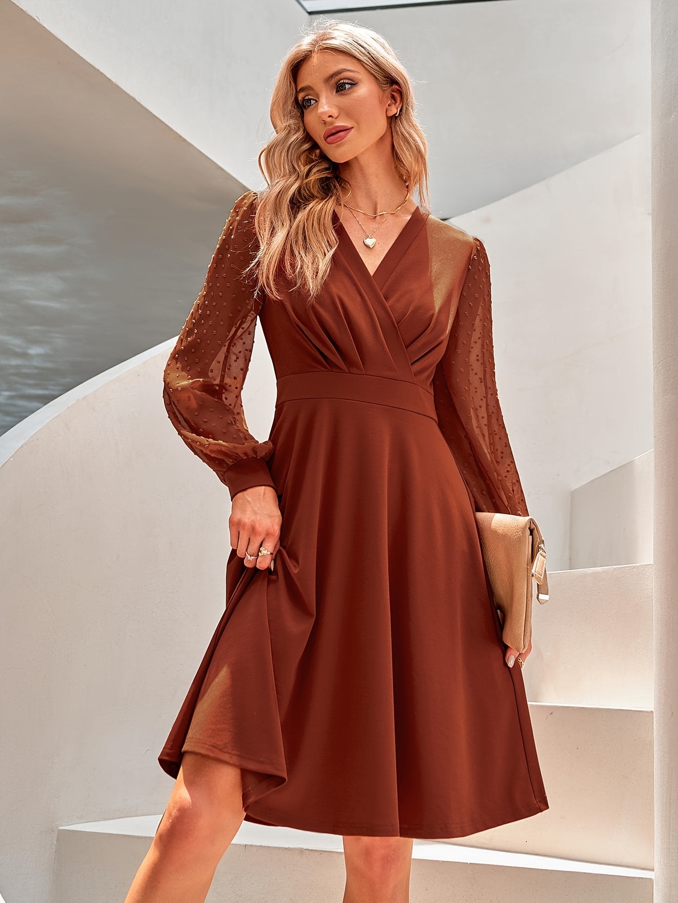 knee length dresses for ladies Kai Balloon Sleeve Ruched Mesh Overlay Dress Blue Selfie Leslie