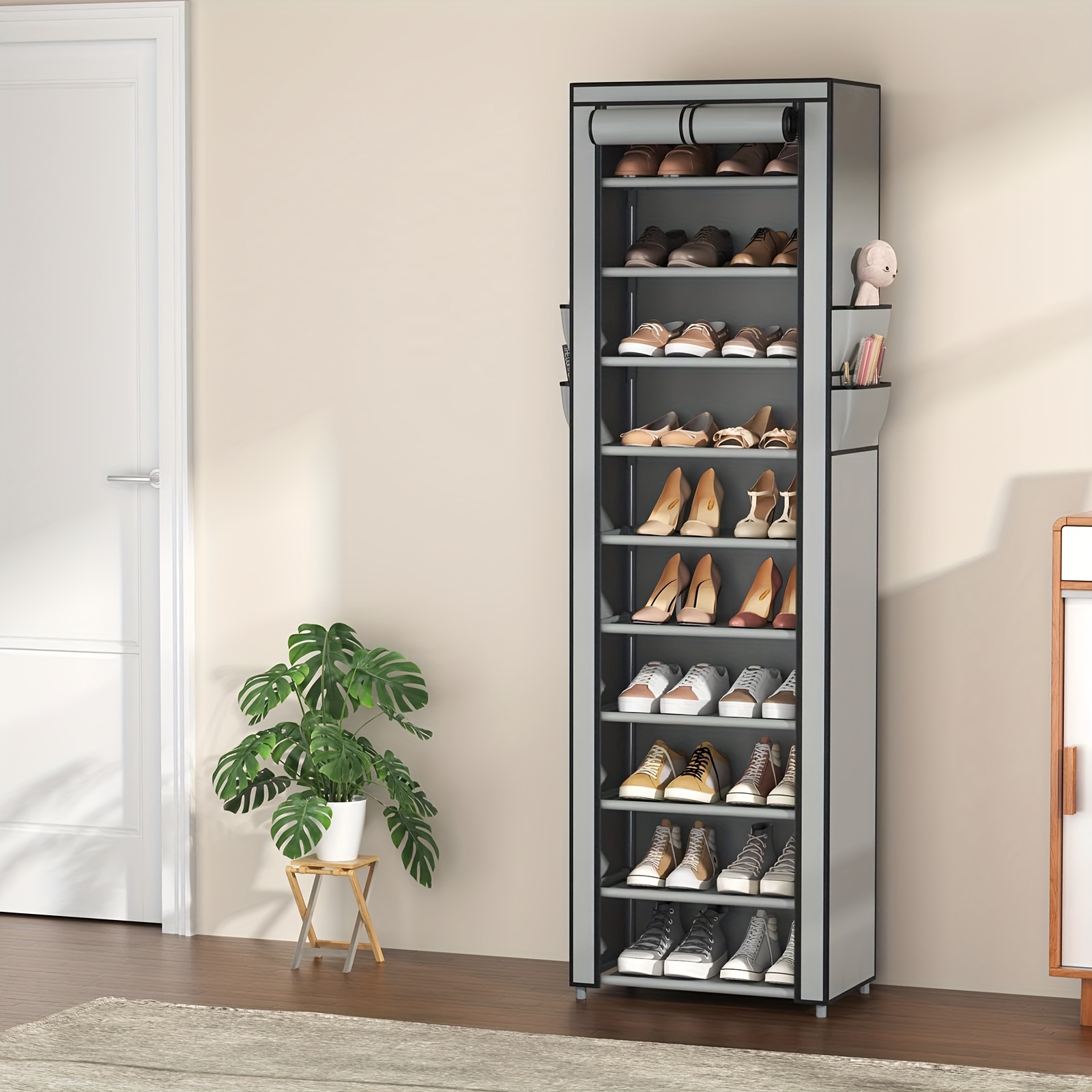 

Vertical Narrow Shoe Rack Storage Cabinet Wall Cabinet Entrance High Shoe Rack 10 Non-woven Shoe Rack Retail Shoe Display Rack, Can Hold 20-22 Pairs With Dust Cover Shoe Cabinet