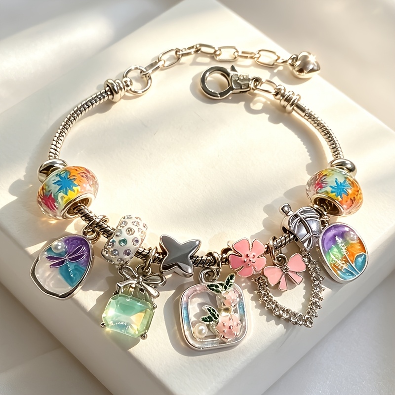 TEMU New Iridescent Glazed Beaded Bracelet With Dragonfly, Bow, And Heart Pendants, Adjustable Snake Chain, Fresh And Girly Diy Holiday Gift For