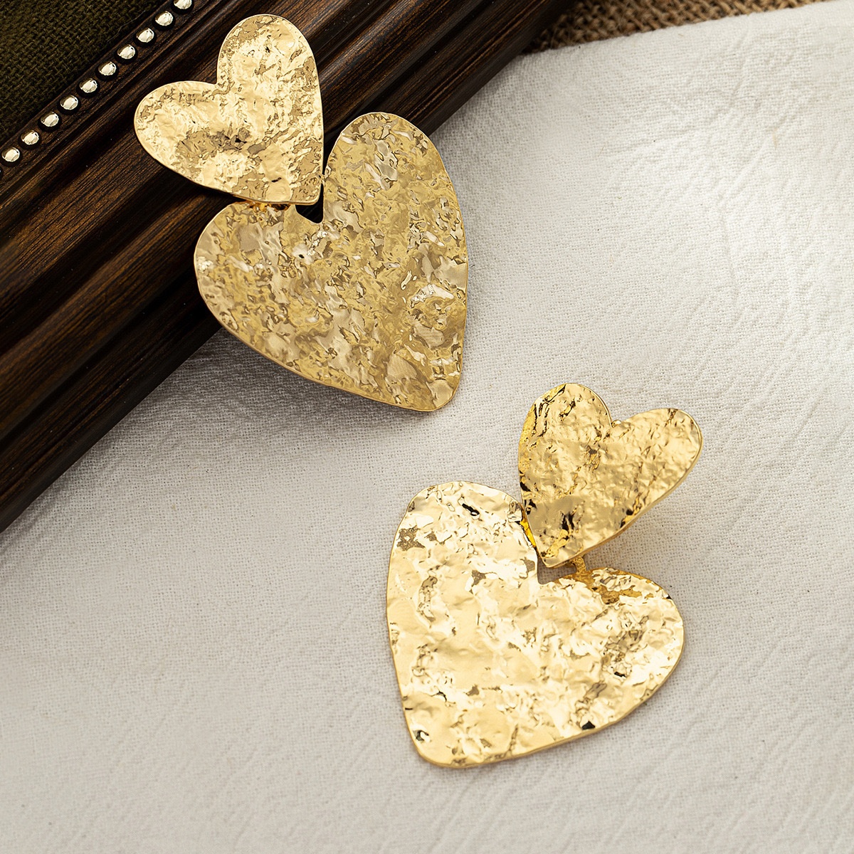 Double-layer Heart-shaped Metal Earrings, Featuring A Textured Golden Irregular Design, Stylish And Versatile To Enhance Personal Charm