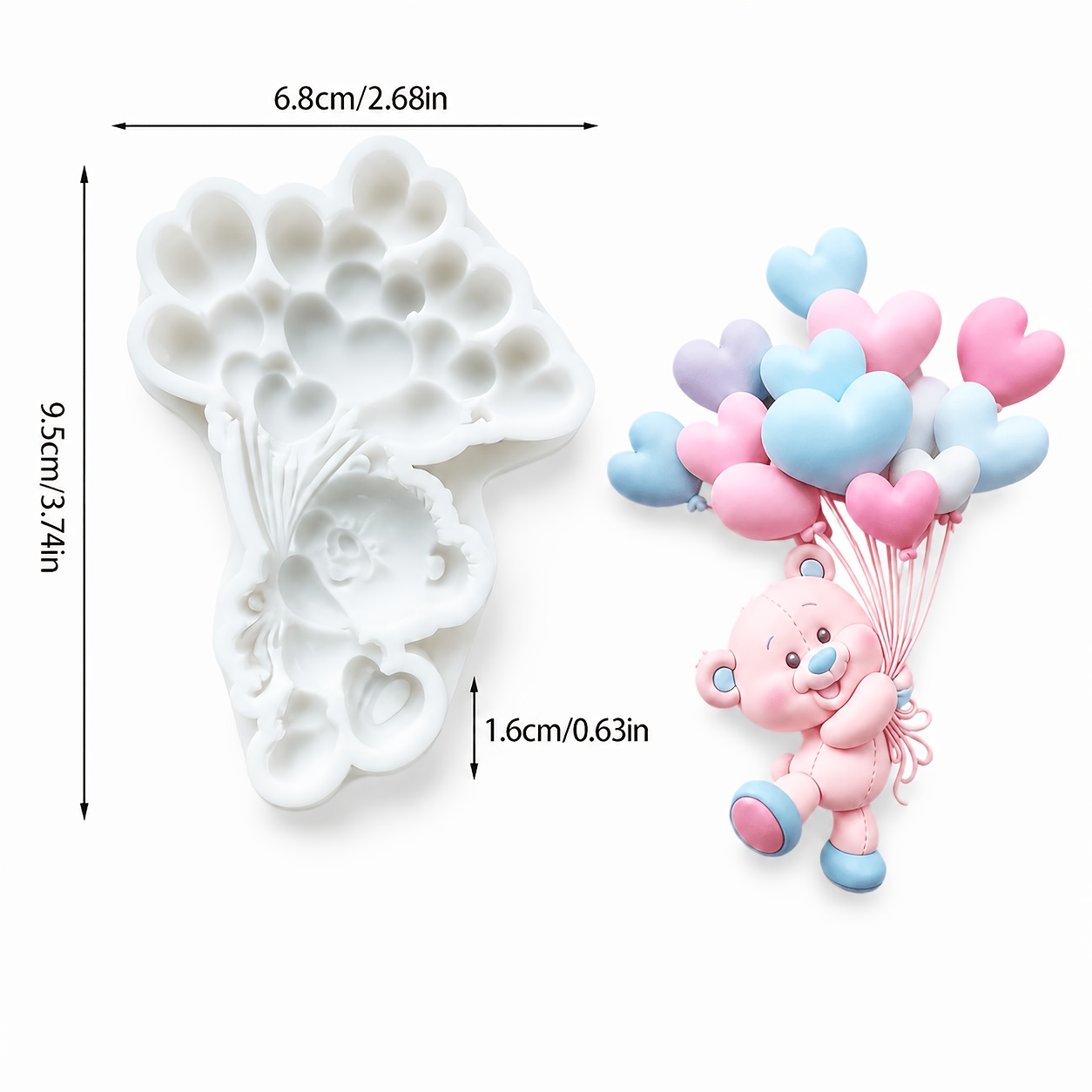 TEMU Stampi in argilla - Stampo in silicone 3D orsetto con palloncini a forma di cuore, stampo multiuso in resina e gesso, per accento di armadietto,