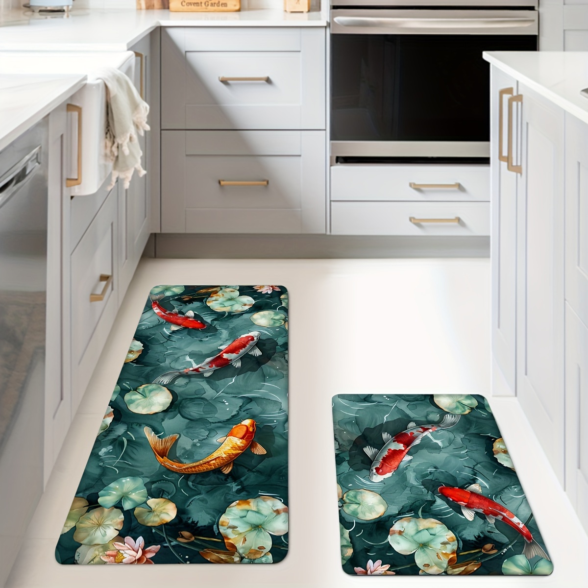 

Water-absorbent Koi Fish Kitchen Rugs With Non-slip Backing - Polyester Machine Washable Carpets For Bathroom, Playroom, Dining Area