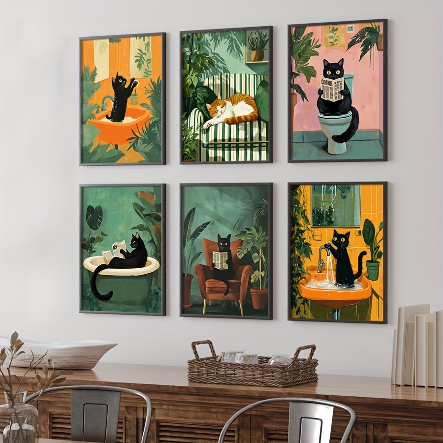 Ingelijst Grappige Kat En Haai Canvas Print 12x16 Inch - Zwarte Kat Bijt Haai Wall Art