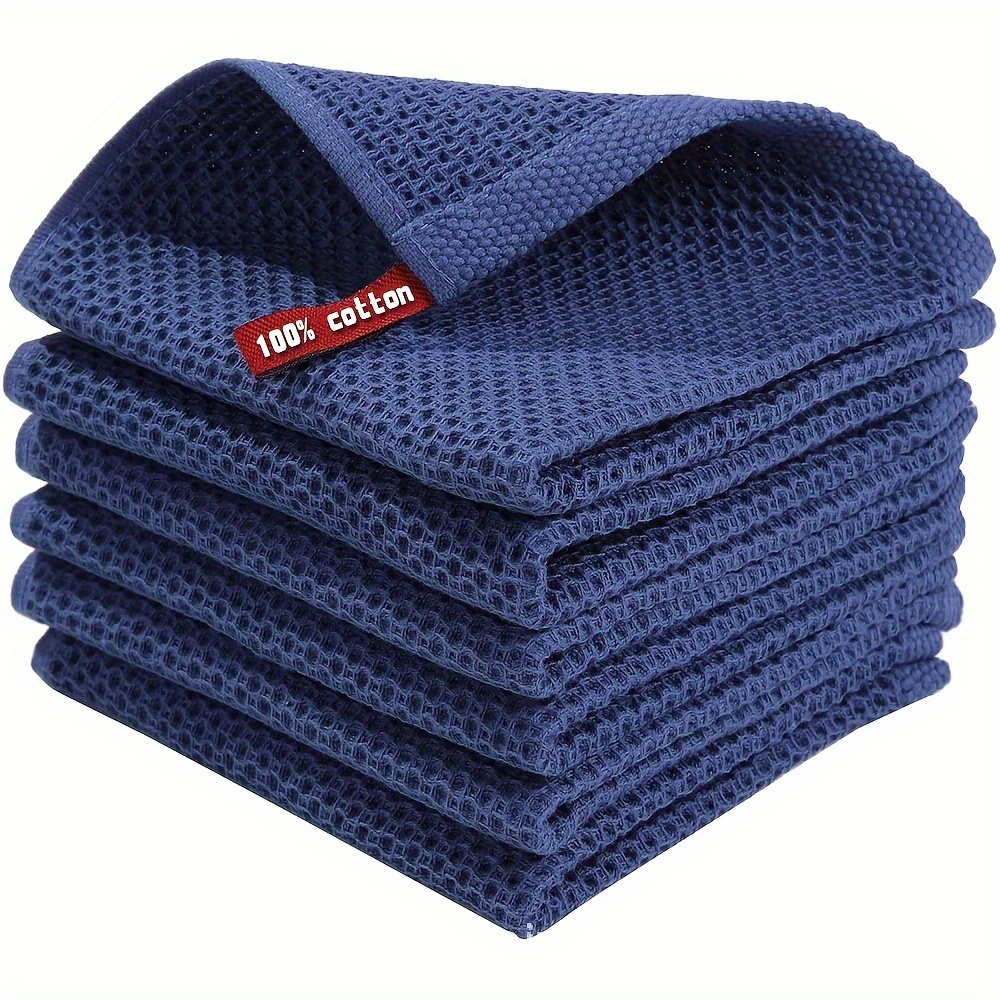 

5-pack Ultra-soft Blue Honeycomb Waffle Weave Kitchen Towels - Thick, Absorbent Cotton Dish Cloths For Cleaning & Drying Cotton Dish Towels Waffle Bath Towel