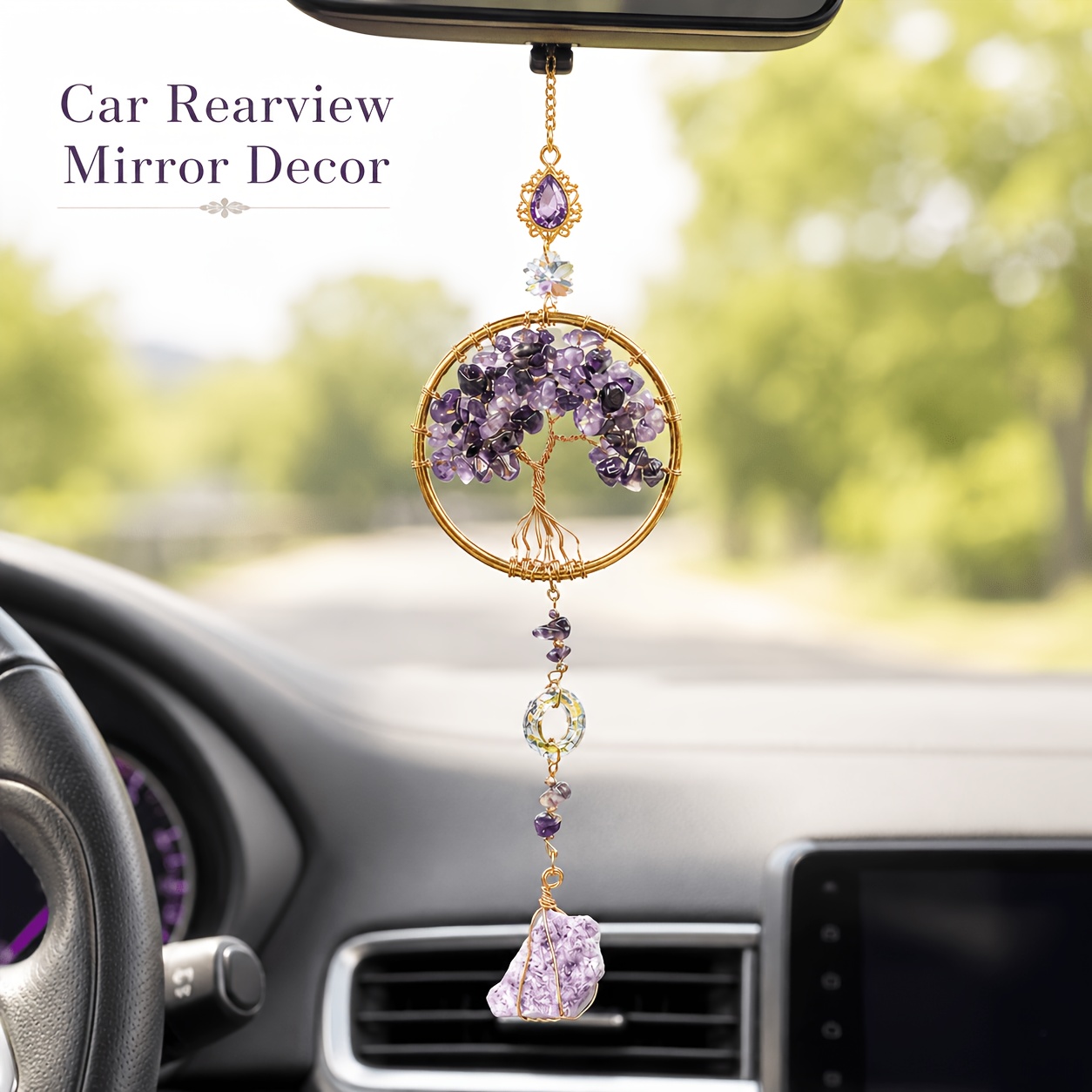 TEMU Handmade Amethyst Life Tree Car Pendant, Natural Gemstone Rearview Mirror Ornament, Car Interior Decor Light-catching Pendant, Style Creative