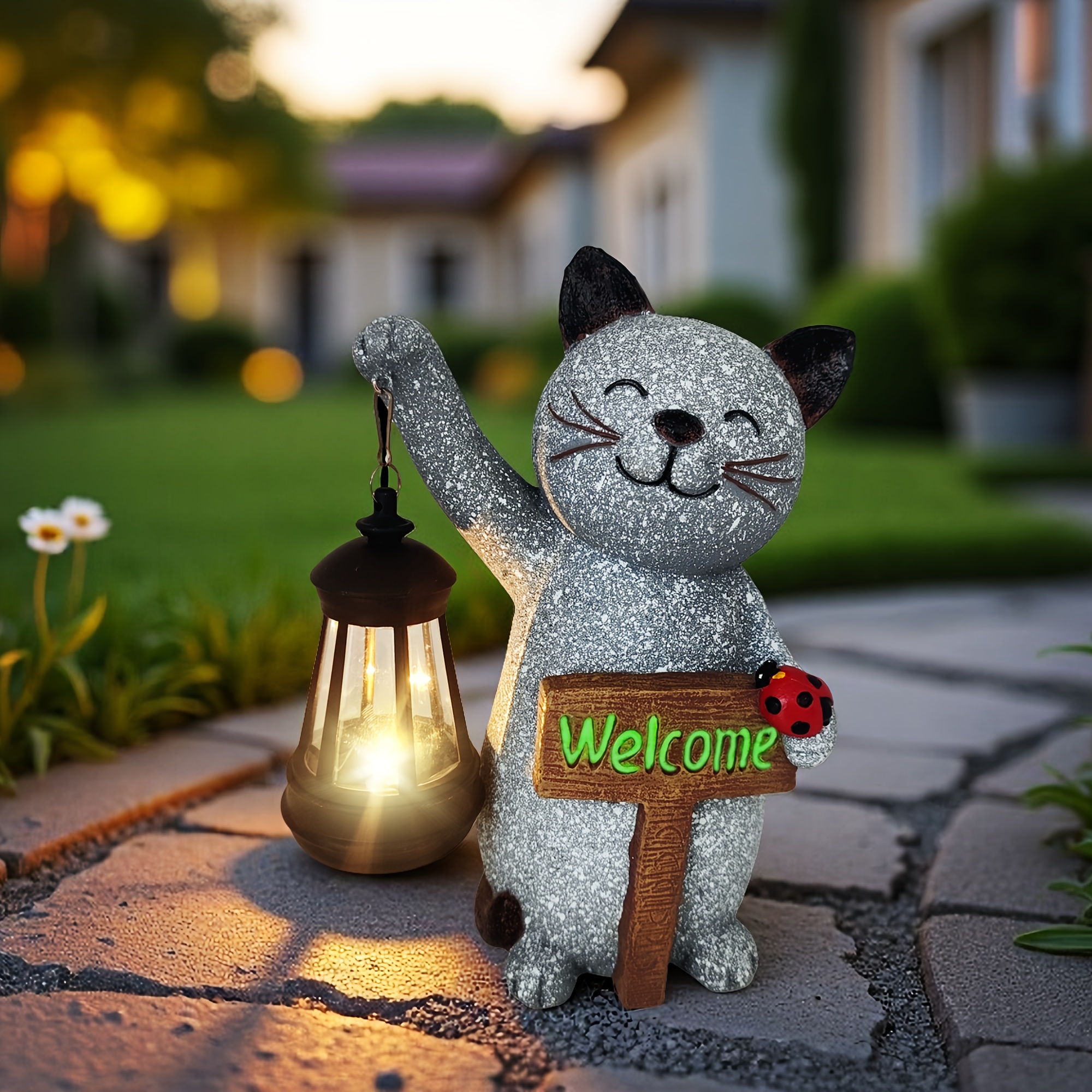 TEMU 10 Inch Garden Statue With Lantern Resin Outdoor Decorations For , Garden Decor Smile Kitty Figurine Light Ip44 For Porch Yard Patio Shed Lawn