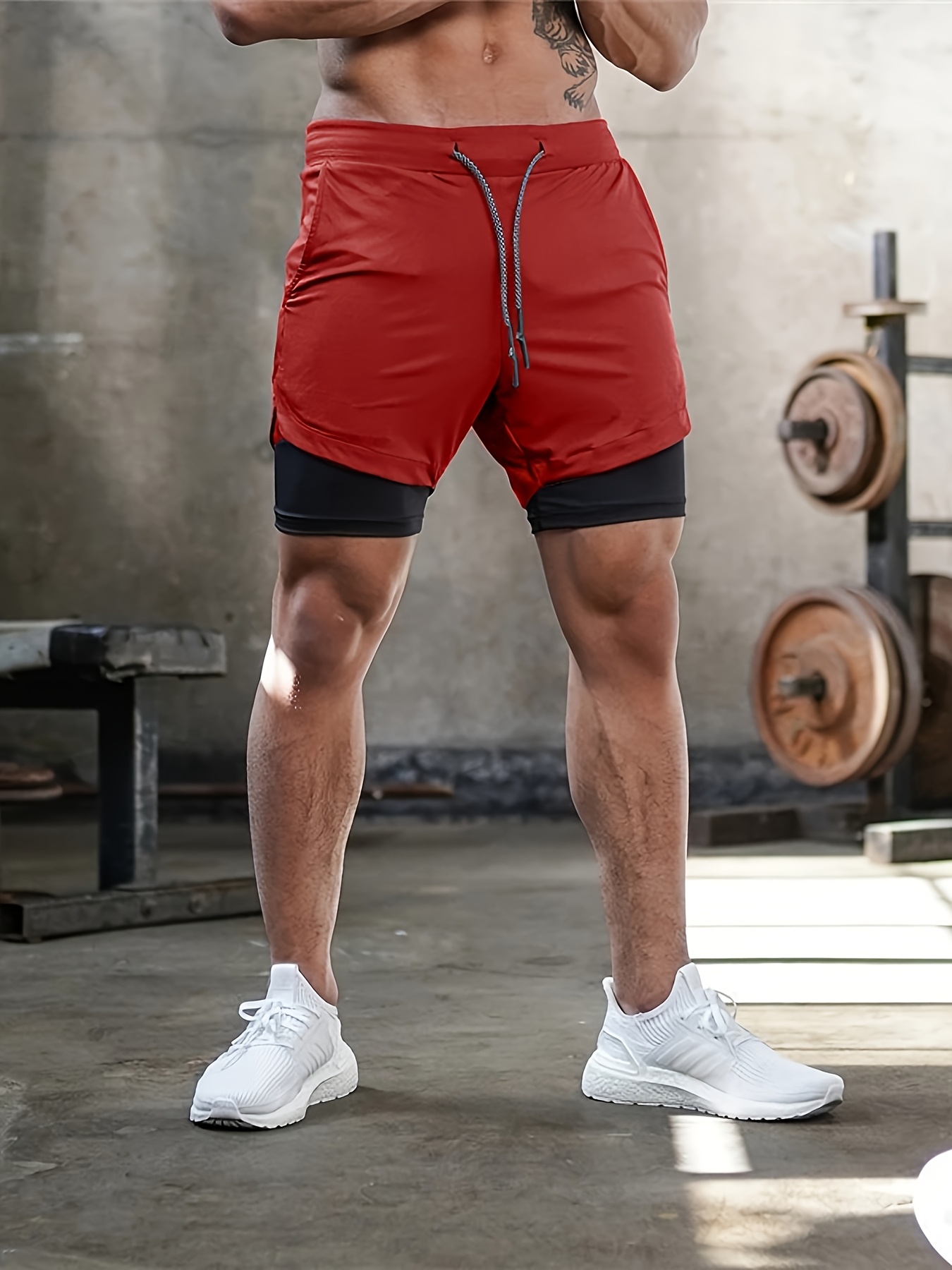 Men'S Morning Running, Gym Training, Sports, Multi Pocket Fake Two Piece Stretch Shorts with Drawstring, Casual Beach Pants Suitable for Spring, Summer, And Autumn Seasons