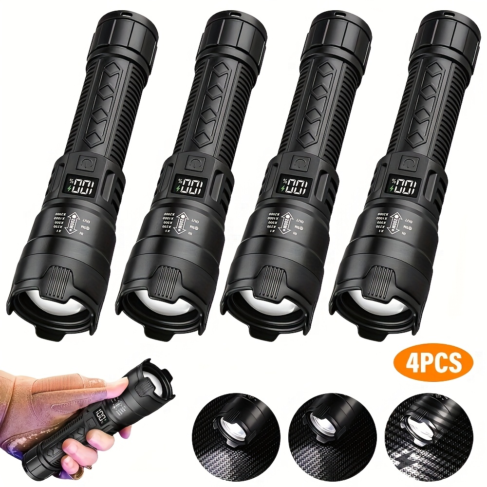 E-shop 4-teiliges Set Superhelle Taschenlampen, USB-aufladbar, ausziehbarer Zoom, breiter Lichtstrahl, handliche Notlichtlampe, geeignet für Angeln