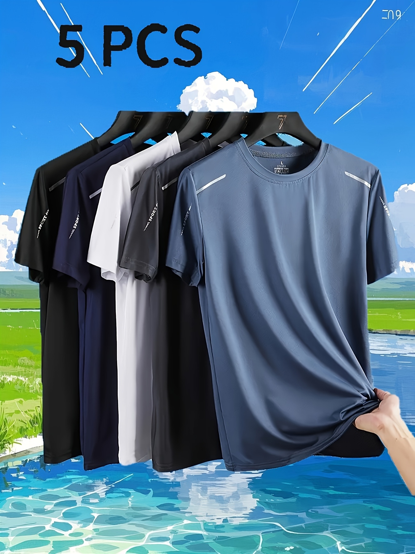 5pcs mens quick dry athletic t shirts moisture wicking breathable polyester spandex blend round neck short sleeve solid colors for summer workouts running gym casual wear workout shirts sleek sporty design  