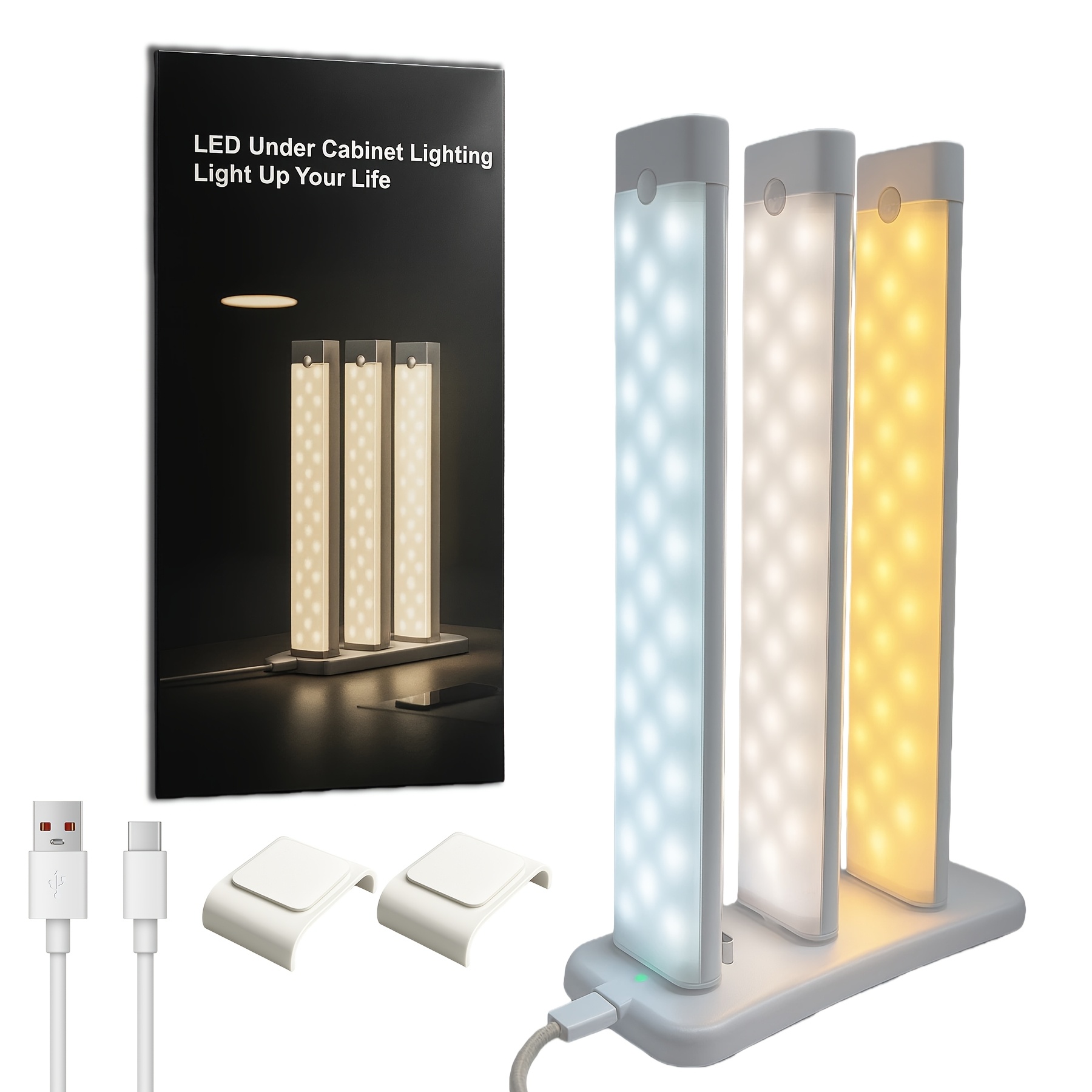 TEMU 3pcs Set With Charging Base Led Under-cabinet Lights, Wireless With Charging Station, Rechargeable Sensor Indoor Lights, Dimmable Lights For