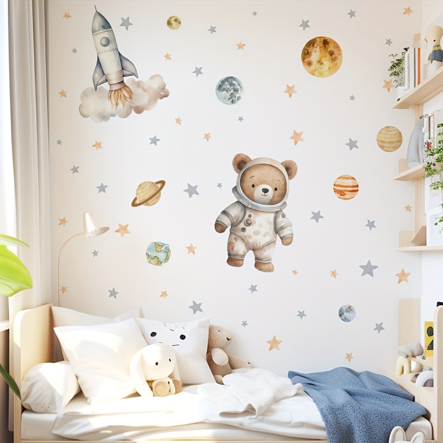 Image of 1pc Creative Astronaut Bear Space Stars Rocket Pattern Self-adhesive Wall Stickers, Bedroom Bathroom Living Room Porch Home Decoration Wall Stickers, Removable Stickers, Wall Decor Decals