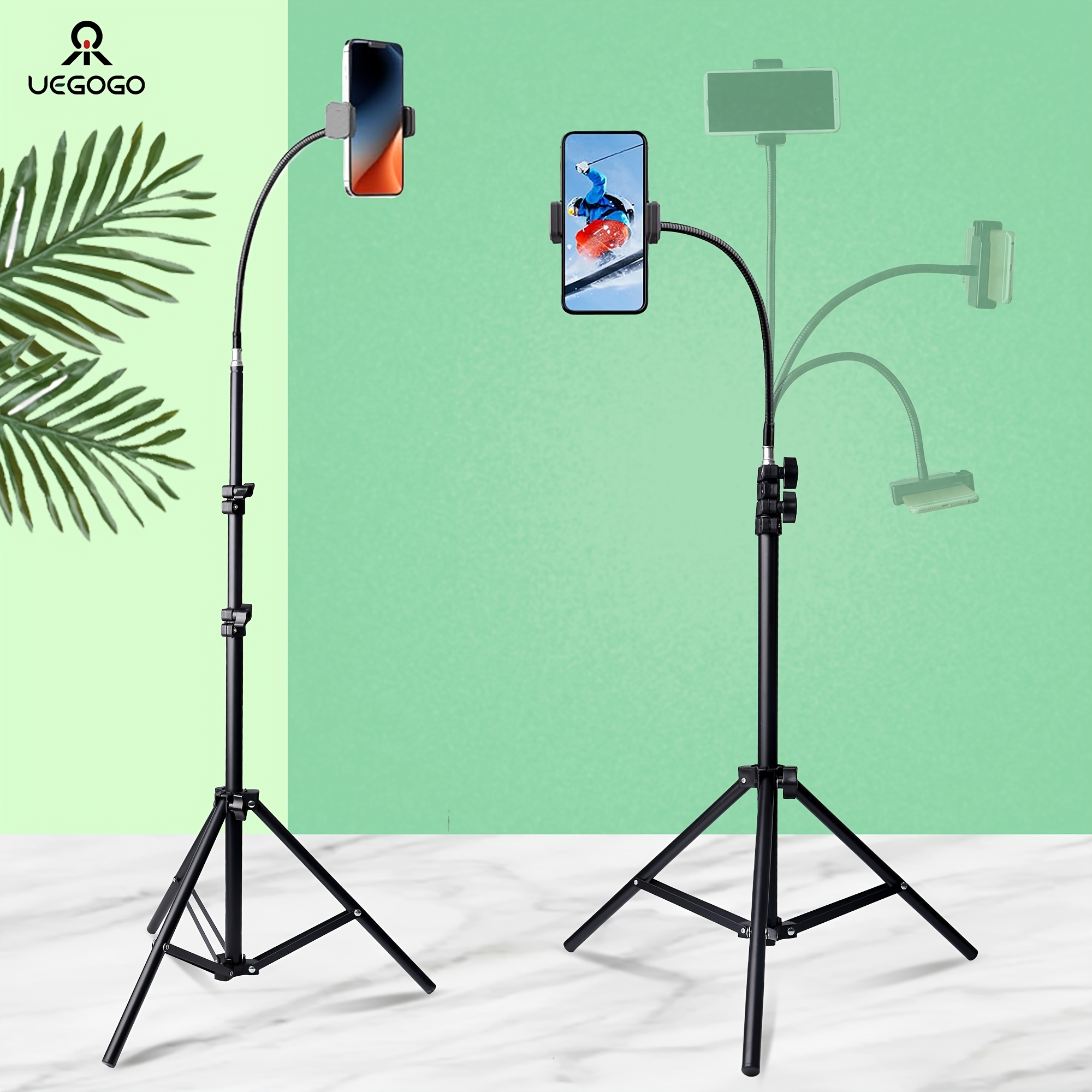 

Uegogo 76" Iron Phone Tripod With " Adjustable Gooseneck, Portable Cell Phone Stand With Clip, Extendable For Vlogging, Live Streaming, Cooking, Fitness - No Battery Required