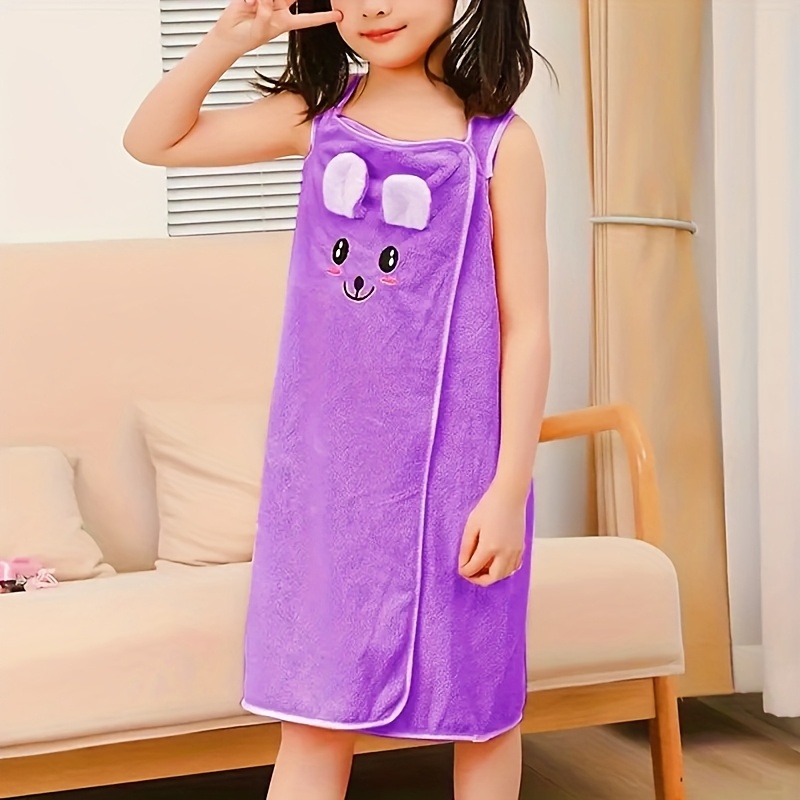 TEMU Bath Towel Wrap Featuring Ears, Modern Microfiber Cartoon Skirt Designed For Girls, Ultra-compact Towel Robe Suitable 6 To 12 - 250gsm