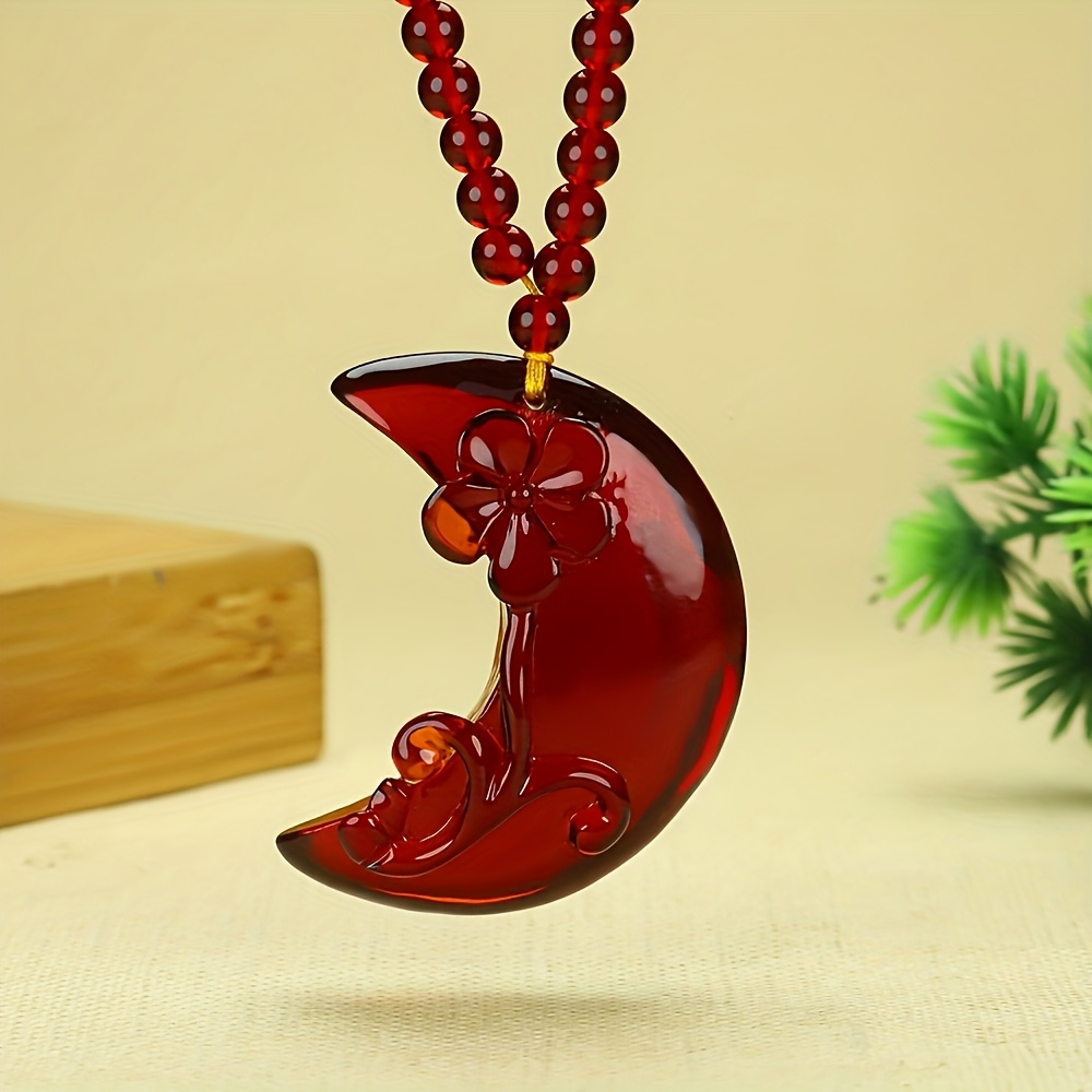 Fashion Moon Flower Amber Pendant Necklace, Gift for Her