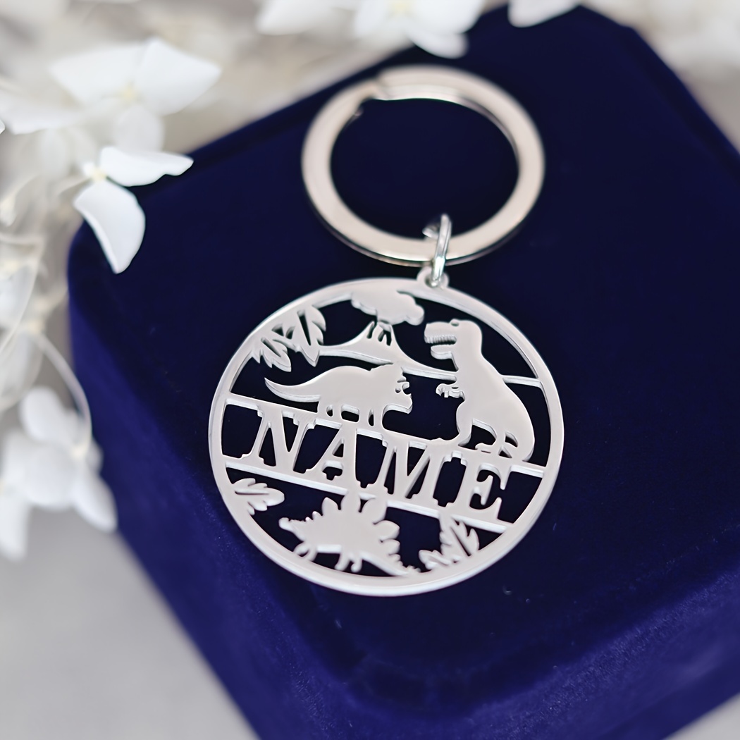 TEMU 1 Custom Name Dinosaur Keychain - Personalized Stainless Steel Keychain With "name" Engraving, Dinosaur And Plant Design, Ideal Valentine's Day