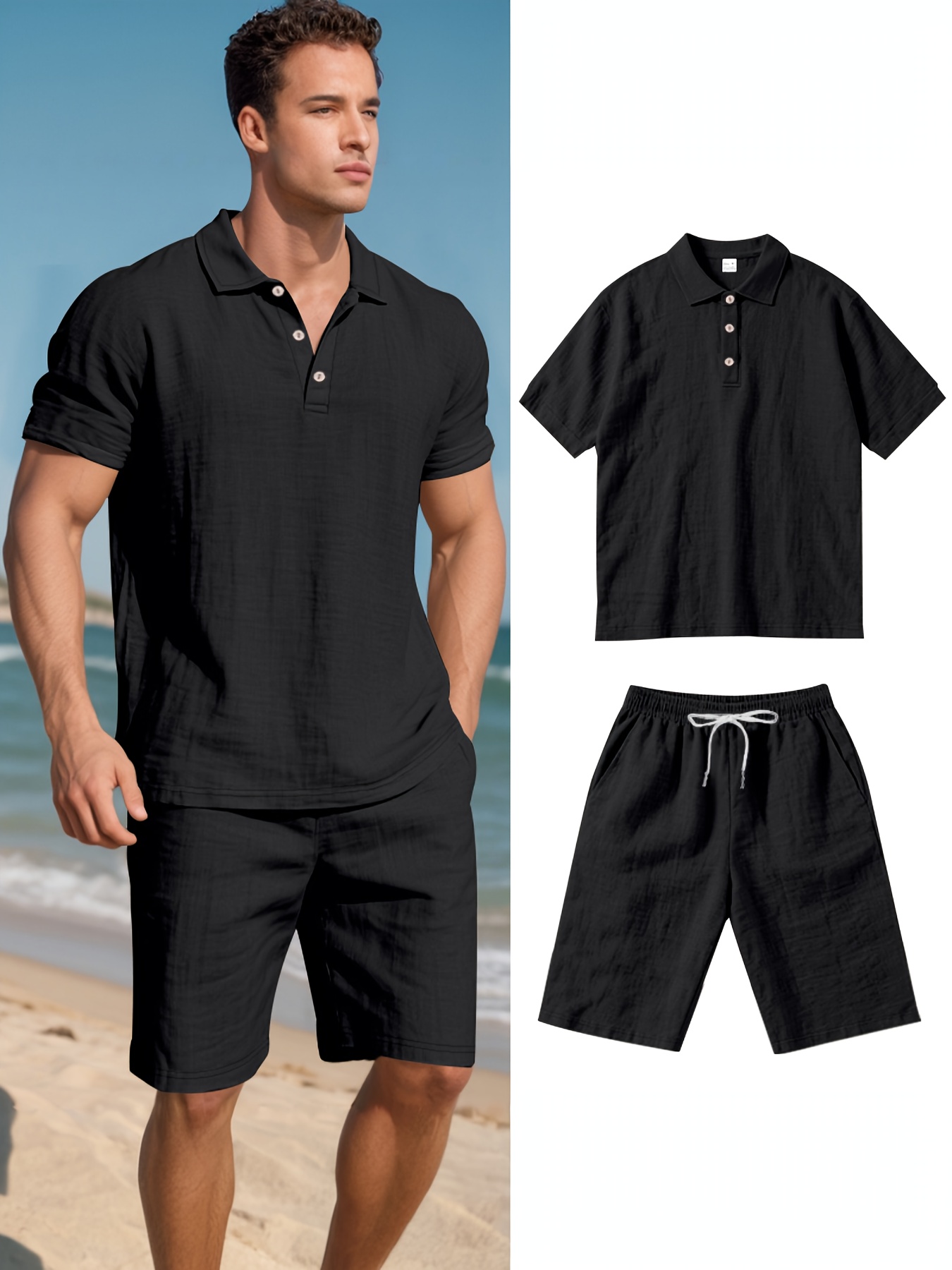 Men's Linen Short Sleeve Shorts Set, Summer Outdoor Sports Casual Breathable Short Sleeve Shirt with Shorts
