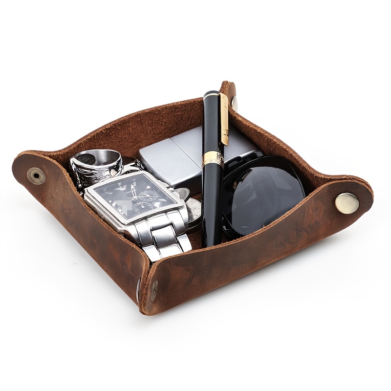 handcrafted   genuine leather square desktop organizer in deep brown featuring 4 snap closures and rounded corners this portable bedside desktop storage box serves as a versatile multi purpose organizer for keys wallets jewelry and small Product details 1