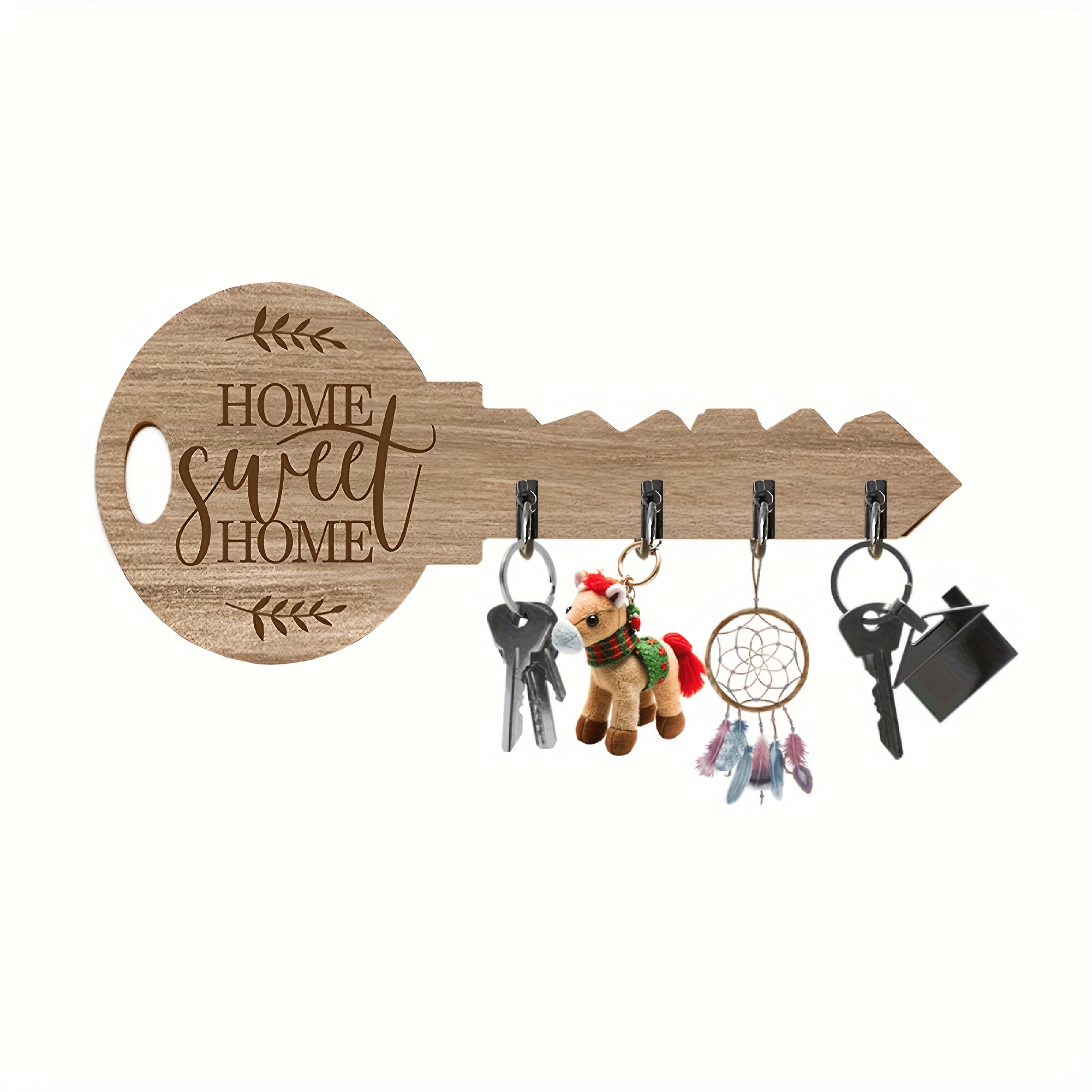 TEMU Rustic Wooden "home" Key Holder Wall Art - 4-hook Heart-shaped Assembly Storage Rack, Suitable For Entryway, Living Room, And Bedroom - No Power