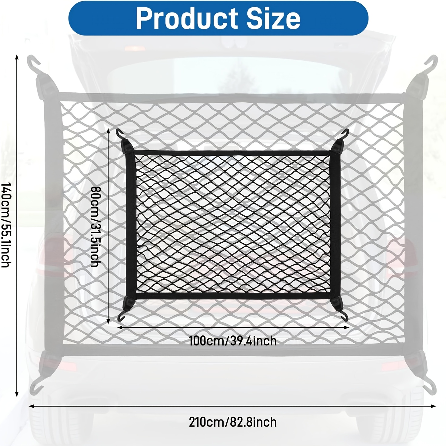 E-shop Gepäcknetz für Kofferraum mit 4 Haken, Kofferraumnetz mit den Maßen 60 x 40 cm, das sich bis zu 120 x 80 cm erweitern lässt, geeignet für