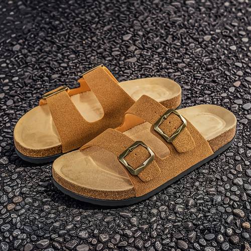 mens fashion sandals featuring a vintage double strap design with adjustable metal buckles the cork insole conforms to the shape for with silhouette and simple elegant style effortlessly any outfit