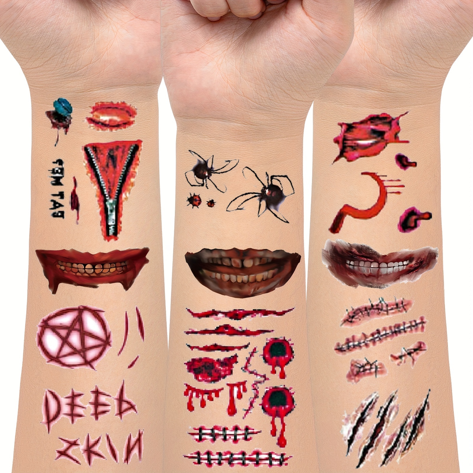 55 시트 무서운 할로윈 의상 액세서리 일시적 인 문신, 혈액 스티치 좀비 메이크업 문신 조커 문신, 할로윈 장식 척키 의상 성인 여성  남성을위한 - 뷰티\u0026건강 - Temu, image size:1601x1601