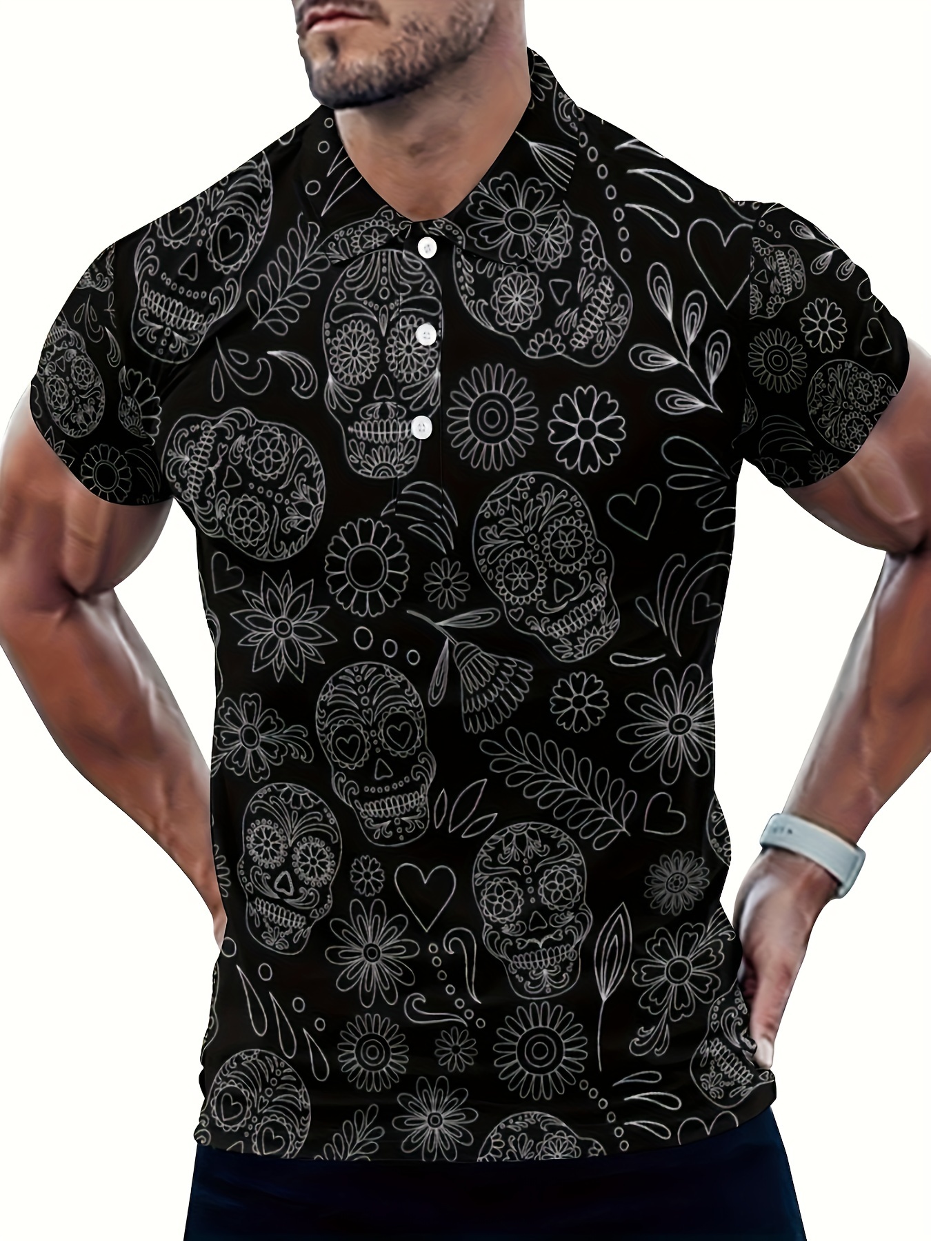 Calavera Contraste Camisa Negra Calaveras Hombre Camisa Hawaiana