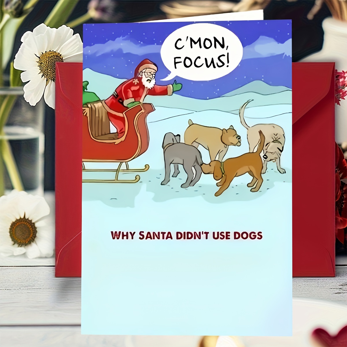 

1pc Christmas Card, Humorous Cartoon Santa With Dogs, Festive Holiday Greeting, Personalized Paper, No Power Required, For Home & Kitchen, Party Invitation, General Occasion