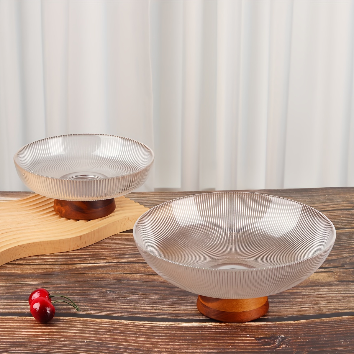 7 8 10 stackable glass fruit bowls with wooden stand ribbed texture footed design for snacks salads ideal for kitchen counter decor tabletop display
