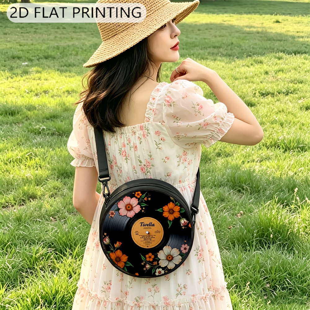 TEMU Women' Boho Round Crossbody Bag With Vinyl Record Print & Retro Flower - Adjustable Strap Sling Bag, Zipper Closure Suitable For Casual Trips,