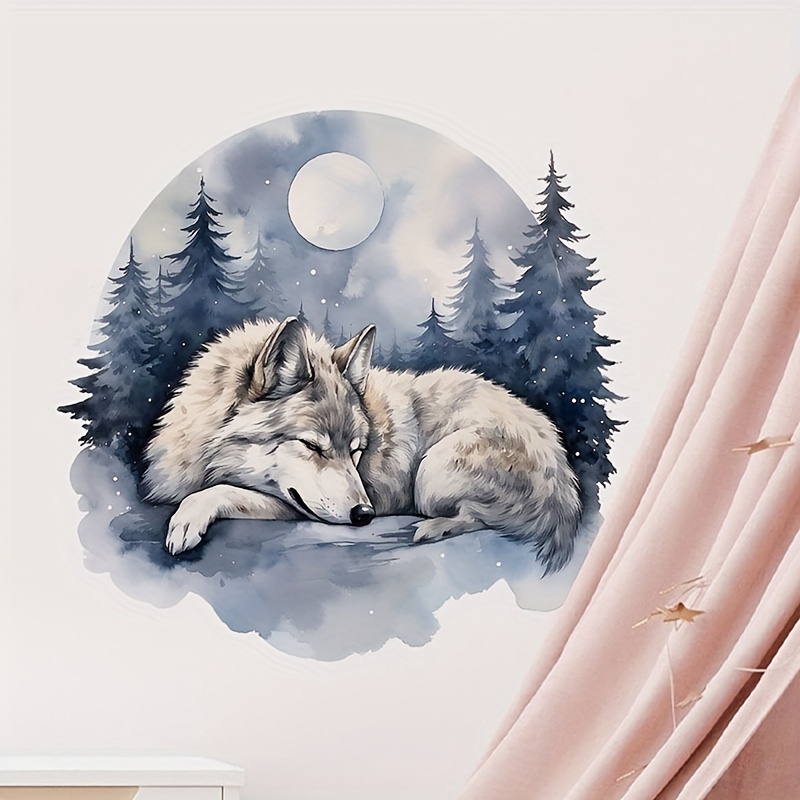 Wolf Moon Forest Cartoon Wall Decal, Removable Self-adhesive Pvc Sticker For Bedroom, Living Room, Study