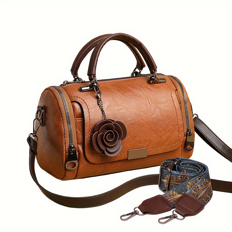 TEMU Bolso De Boston Vintage, Bolso Tipo Estuche De Alta Capacidad A La Moda, Cartera Con Cremallera Y Pendiente De Flor