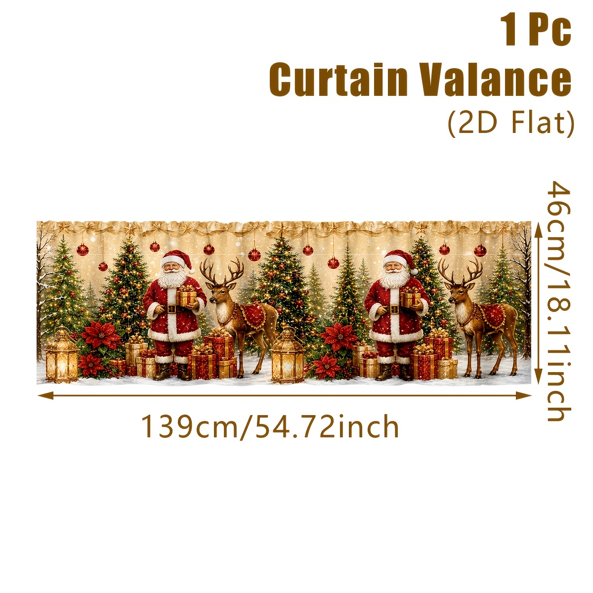 TEMU 2D Plat - 2D Plat - 2D Plat, 1pc, Rideau de store de Noël vintage, Père Noël, , sapin de Noël et de cadeaux, rideau de fenêtre, 54 pouces, poche