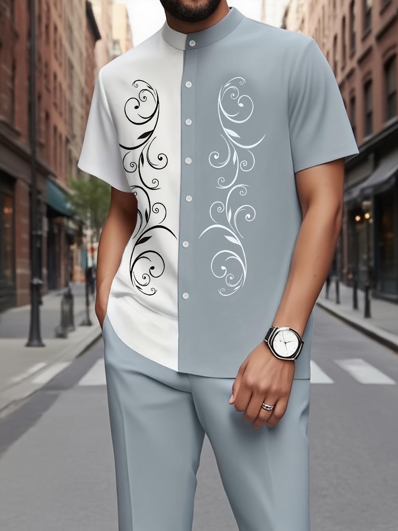 Men'S Casual Short Sleeve Shirt and Pants Set - Geometric Pattern, Button-Up Collared Shirt with Pockets, Light Gray Polyester Blend, Perfect for Vacation and Leisure, Vacation Attire | Stylish Buttonup | Polyester Blend